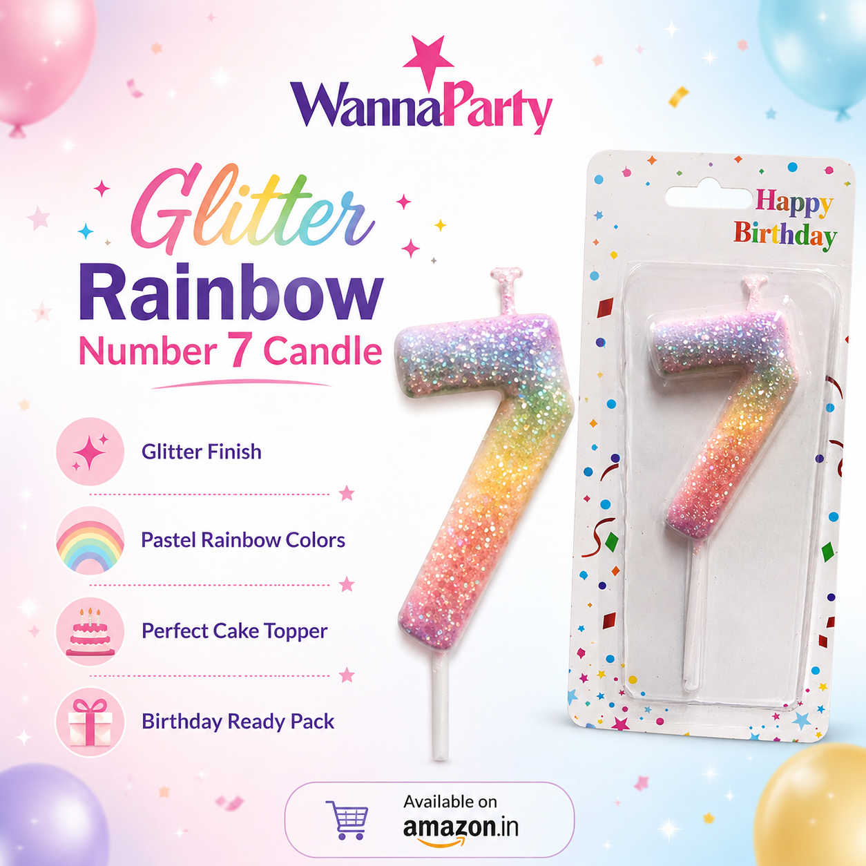 Three Color Gradient Glitter Candle Number 7