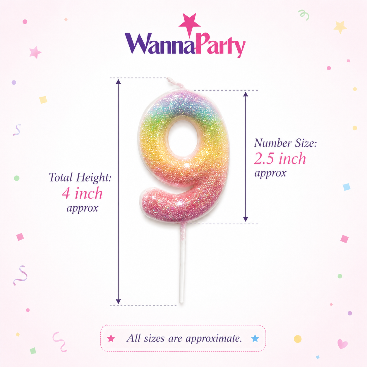 Three Color Gradient Glitter Candle Number 9