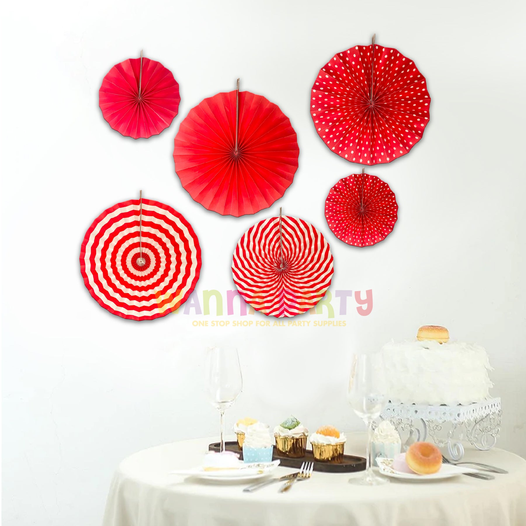 Red W/White Paper Fans Set - 6PC