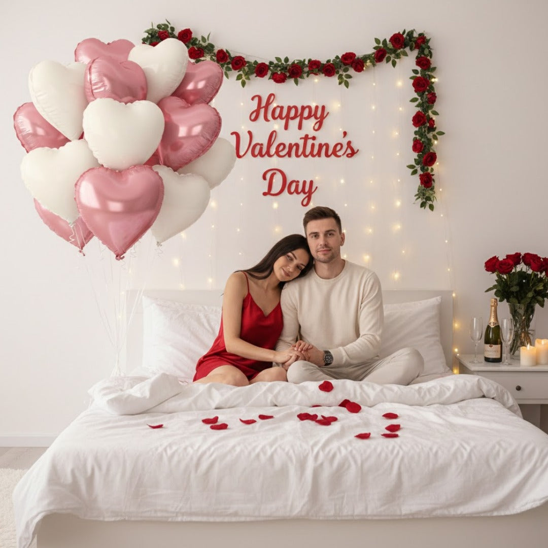 Pink and White Heart Pastel Foil Balloons Set - Pack of 10