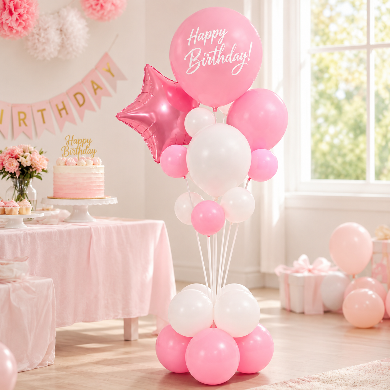 Pink & White Happy Birthday Balloon Bouquet Stand Set - 21 Pcs | Balloons with Plum Blossom Base, Holder & Fiber Rods -  |Birthday Table Centerpiece Decoration for Kids Adults Party, 1 Set