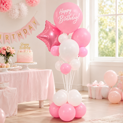 Pink & White Happy Birthday Balloon Bouquet Stand Set - 21 Pcs | Balloons with Plum Blossom Base, Holder & Fiber Rods -  |Birthday Table Centerpiece Decoration for Kids Adults Party, 1 Set