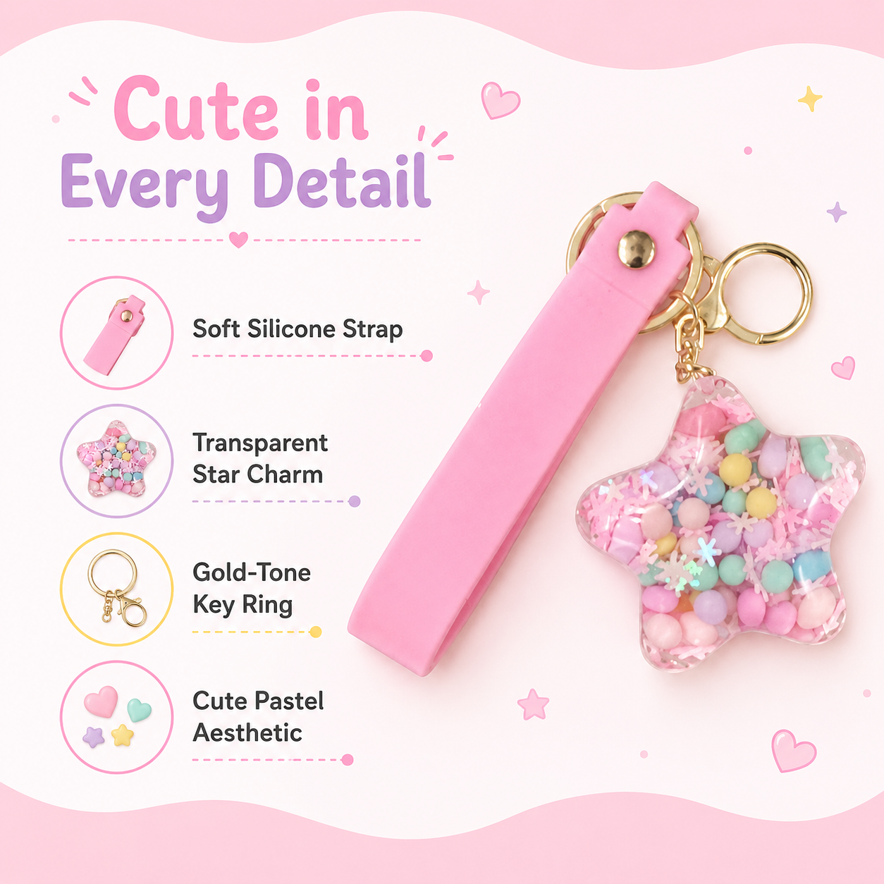 Star Beads Keychain Pink Strap - Cute Bag Charm for Girls | Wanna Party - Image 5