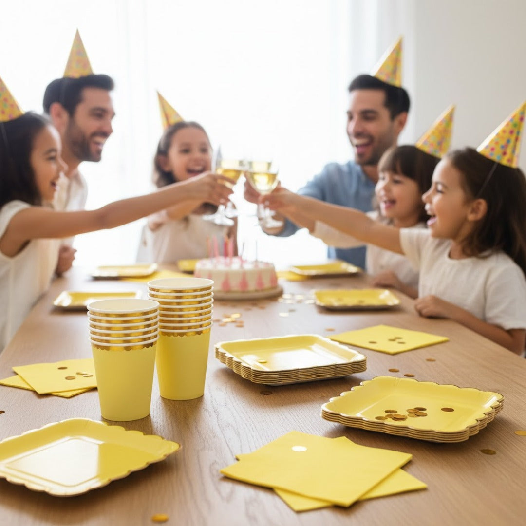 Yellow Party Tableware Combo with Plates, Tissues, Cups, Spoons and Forks - 64PC - Serves Upto 10 Pax
