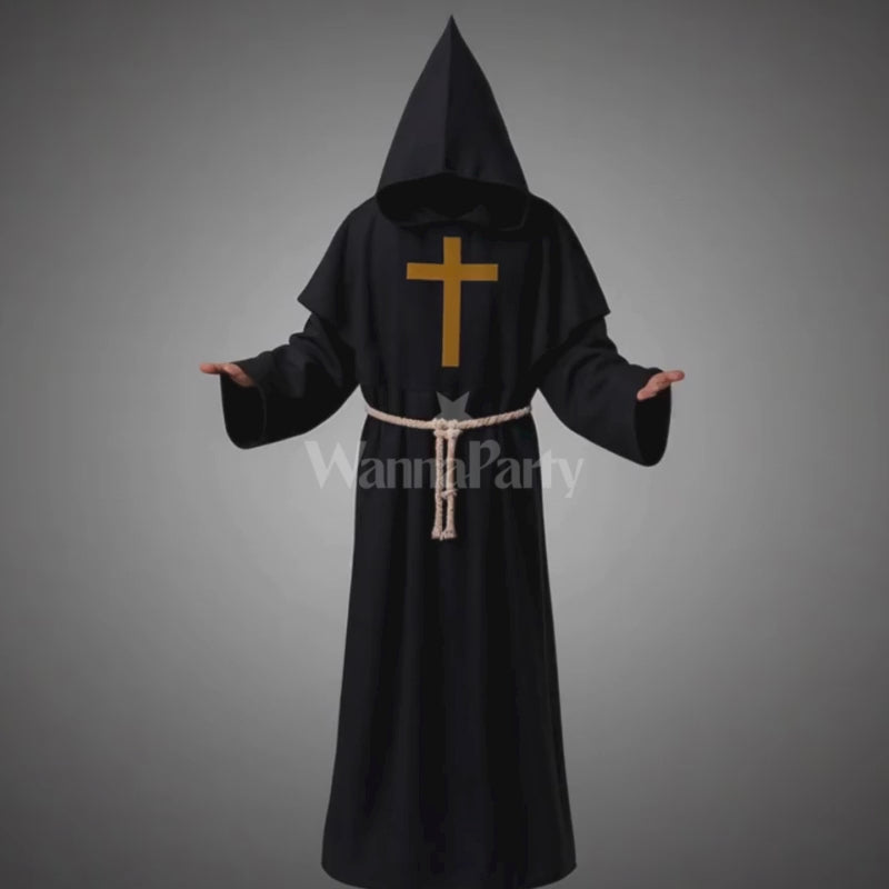 Friar Medieval Hooded Monk Priest Adult Robe Costume with Cross Sign and Rope - Size XL