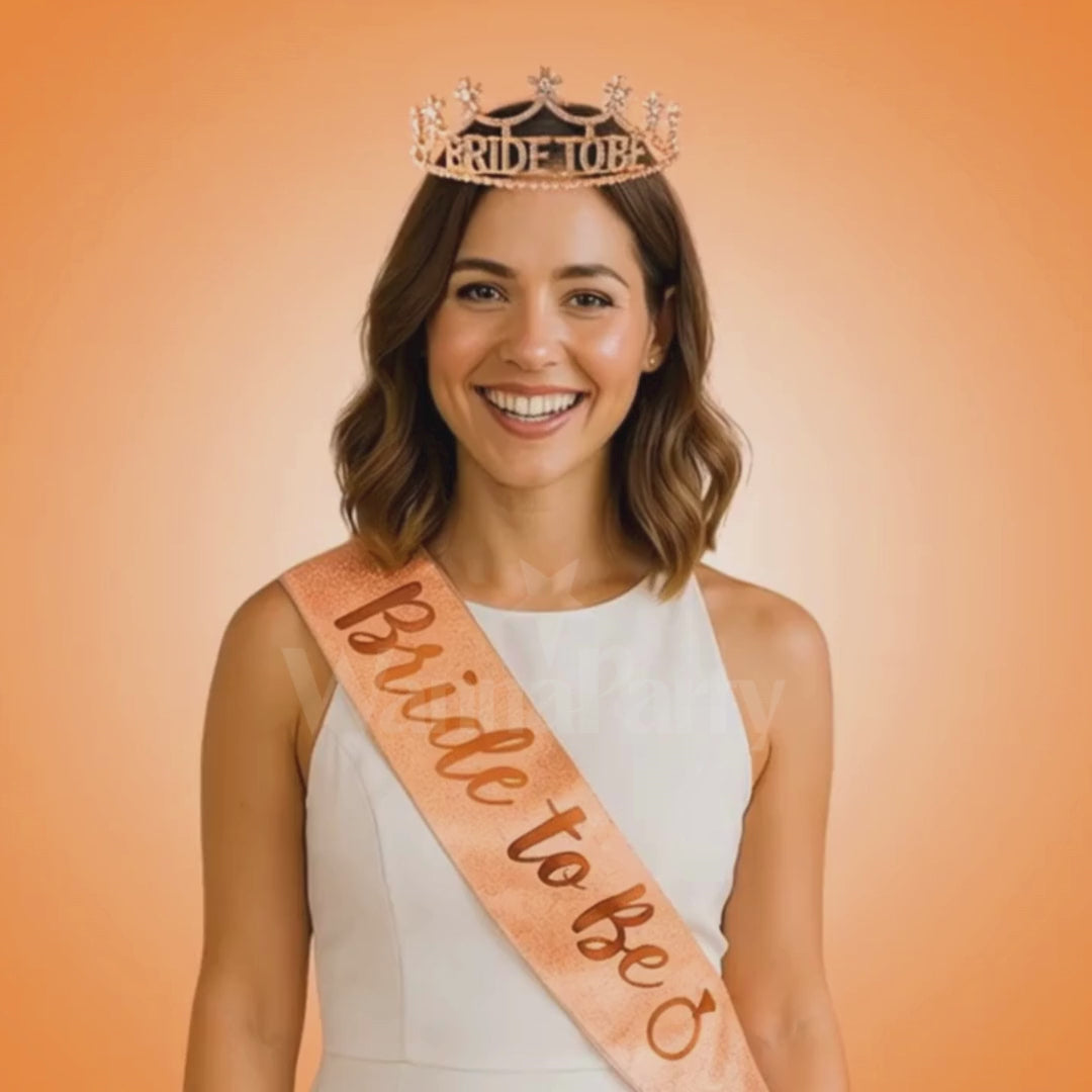 Bride to Be Sash & Crystal Rhinestone Rose Gold Birthday Headband Combo Set - 2PC