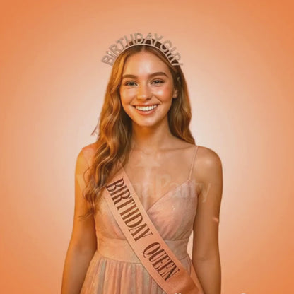 Happy Birthday Tiara Headband with Birthday Queen Sash Combo - 2PC