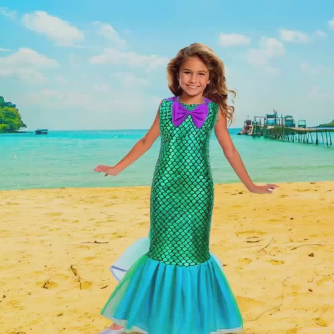 Mermaid Dress for Kids w Fish Scale Print for Halloween Theme Party - M - Age 5-7 YRS 