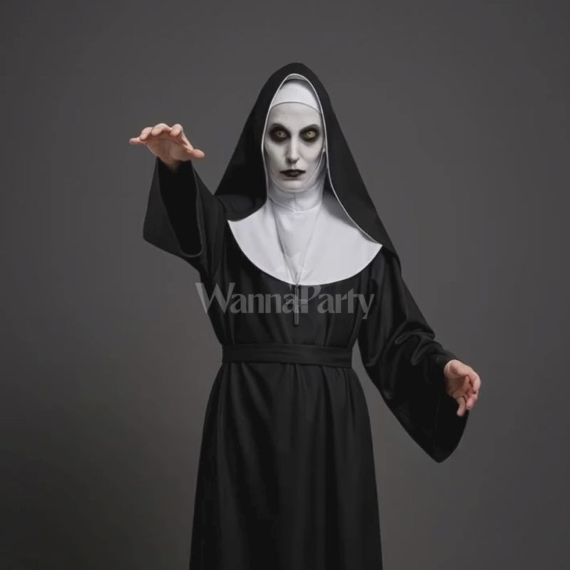 Conjuring Nun Costume Adult Large w Waist Belt and Latex Mask - Size L