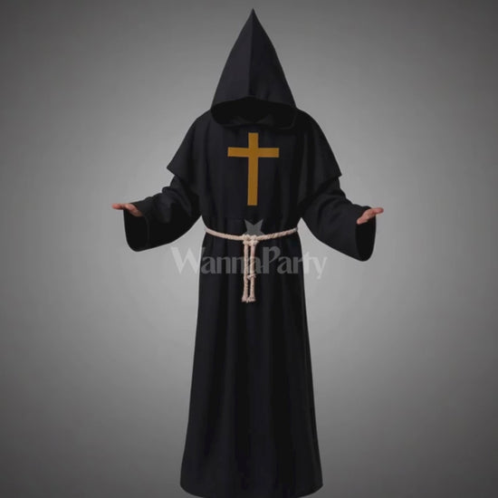 Friar Medieval Hooded Monk Priest Adult Robe Costume with Cross Sign and Rope - Size L