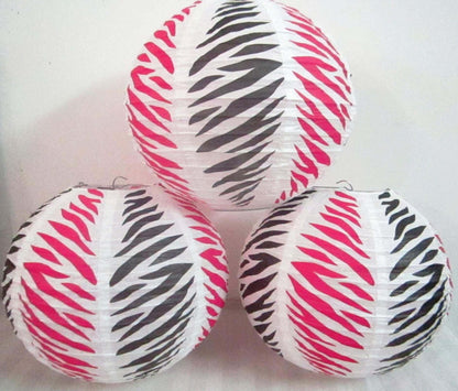 Pink &amp; Black Zebra Print Round Lantern 10" - 3CT