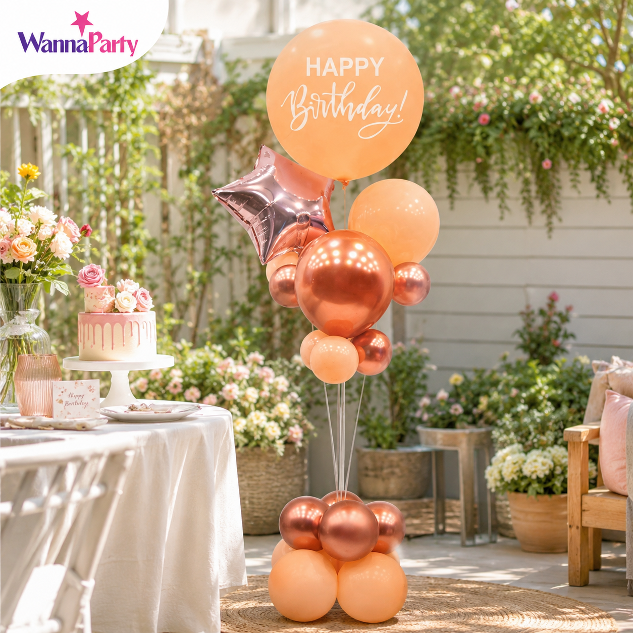 Peach & Rose Gold Happy Birthday Balloon Bouquet Stand Set -  21 Pcs | Balloons with Plum Blossom Base, Holder & Fiber Rods, Table Centerpiece Decoration for Birthday Party - 1 Set