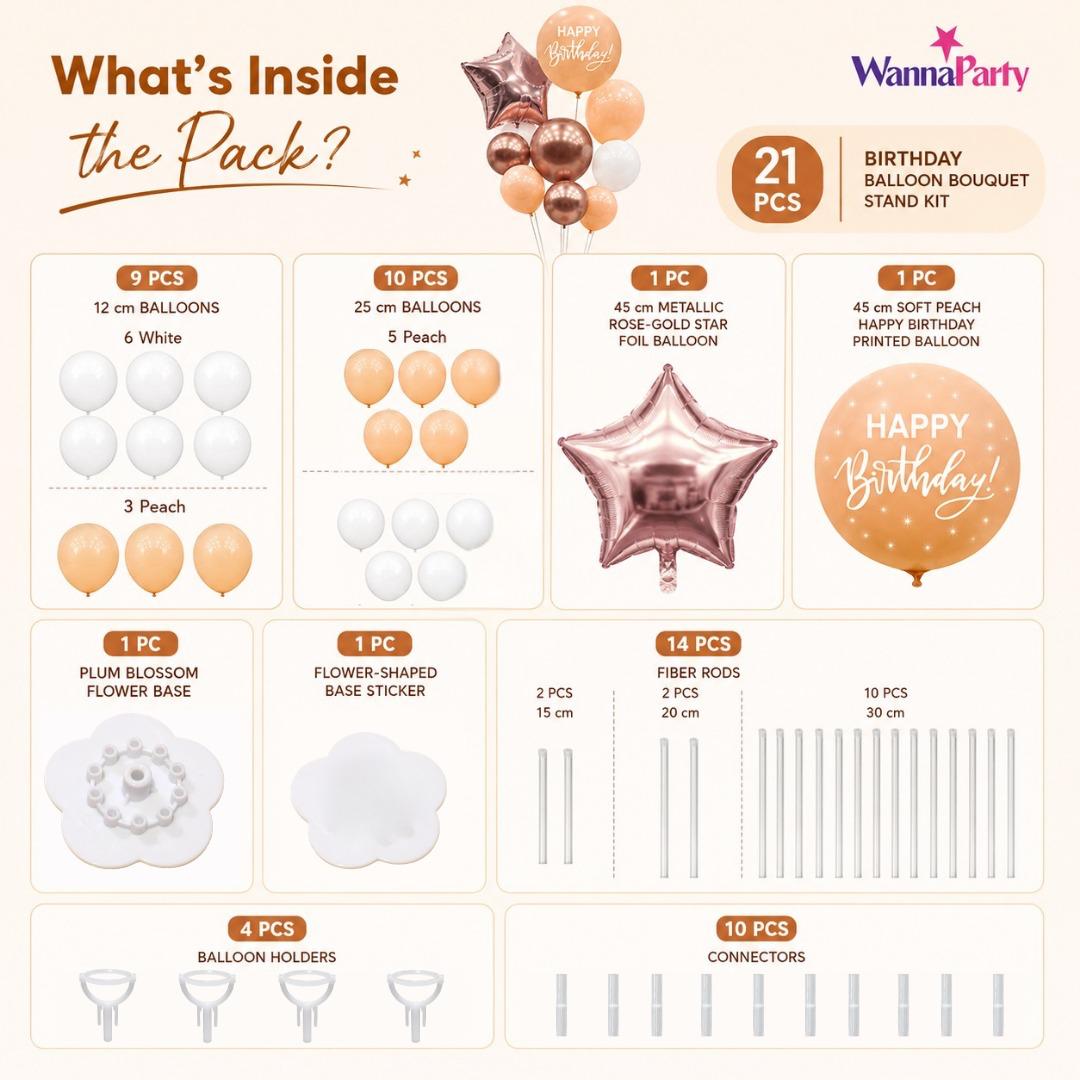 Peach & Rose Gold Happy Birthday Balloon Bouquet Stand Set -  21 Pcs | Balloons with Plum Blossom Base, Holder & Fiber Rods, Table Centerpiece Decoration for Birthday Party - 1 Set