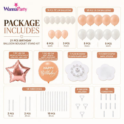 Peach & Rose Gold Happy Birthday Balloon Bouquet Stand Set -  21 Pcs | Balloons with Plum Blossom Base, Holder & Fiber Rods, Table Centerpiece Decoration for Birthday Party - 1 Set