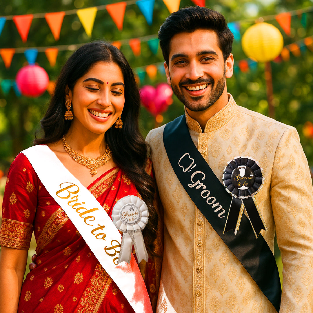 Bride & Groom Sash with Award Buttons Set - 4PC
